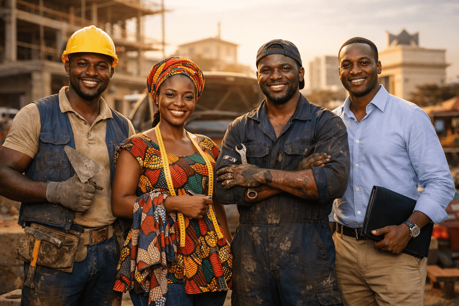 Ghanaian professionals — construction workers, tradespeople, and office professionals